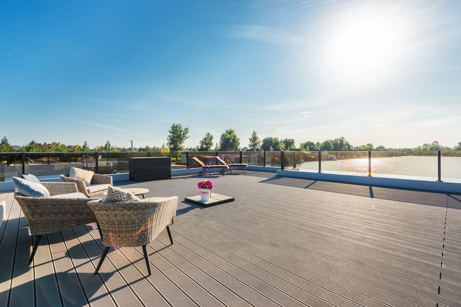 Lounge chairs on a wooden deck
